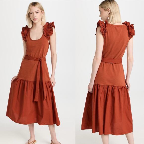 Nation LTD Everleigh Frilly Dress Cayenne XS Cotton Ruffle Midi Length - Picture 1 of 7